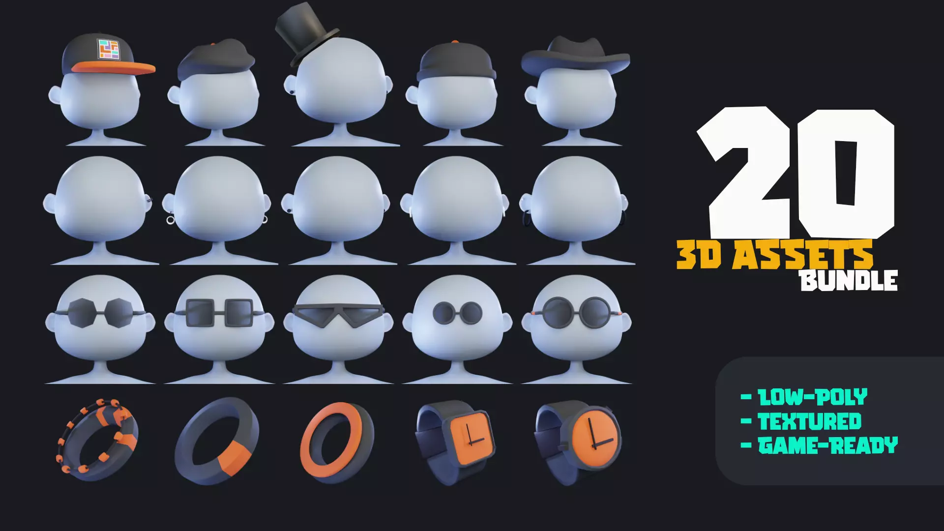 Low Poly Stylized 3D Accessories and 10 Colour Pallets Low-poly 3D model