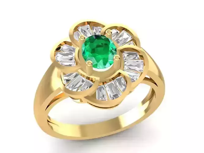 Elegant Flower Gemstone and Baguette Diamond Ring for Wome  1707