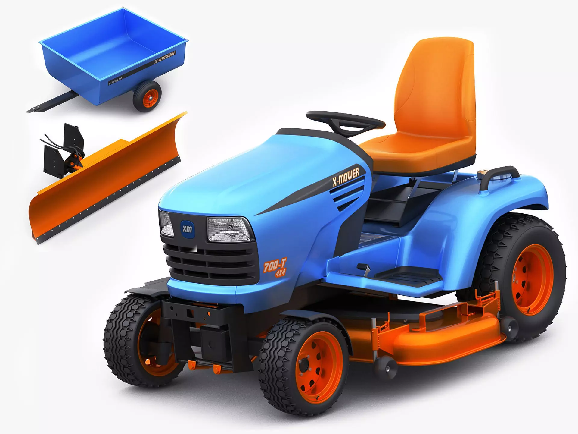 Riding Lawn Mower with trailer and snow blade 3D model_0