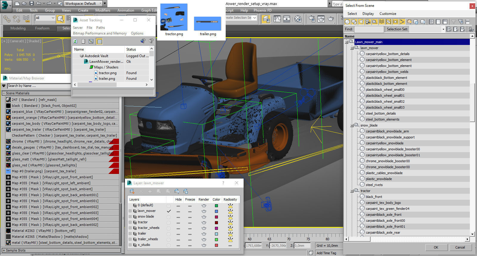 Riding Lawn Mower with trailer and snow blade 3D model_28