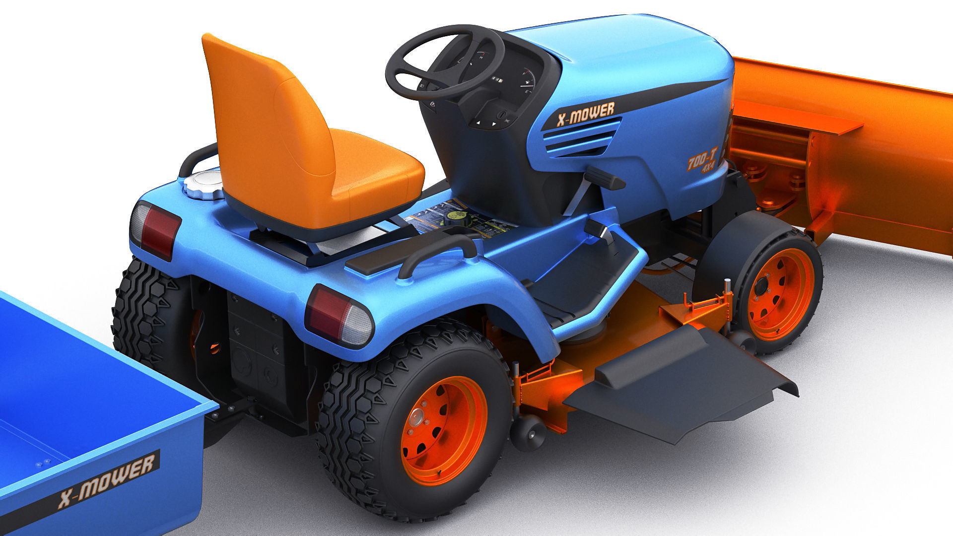 Riding Lawn Mower with trailer and snow blade 3D model_11