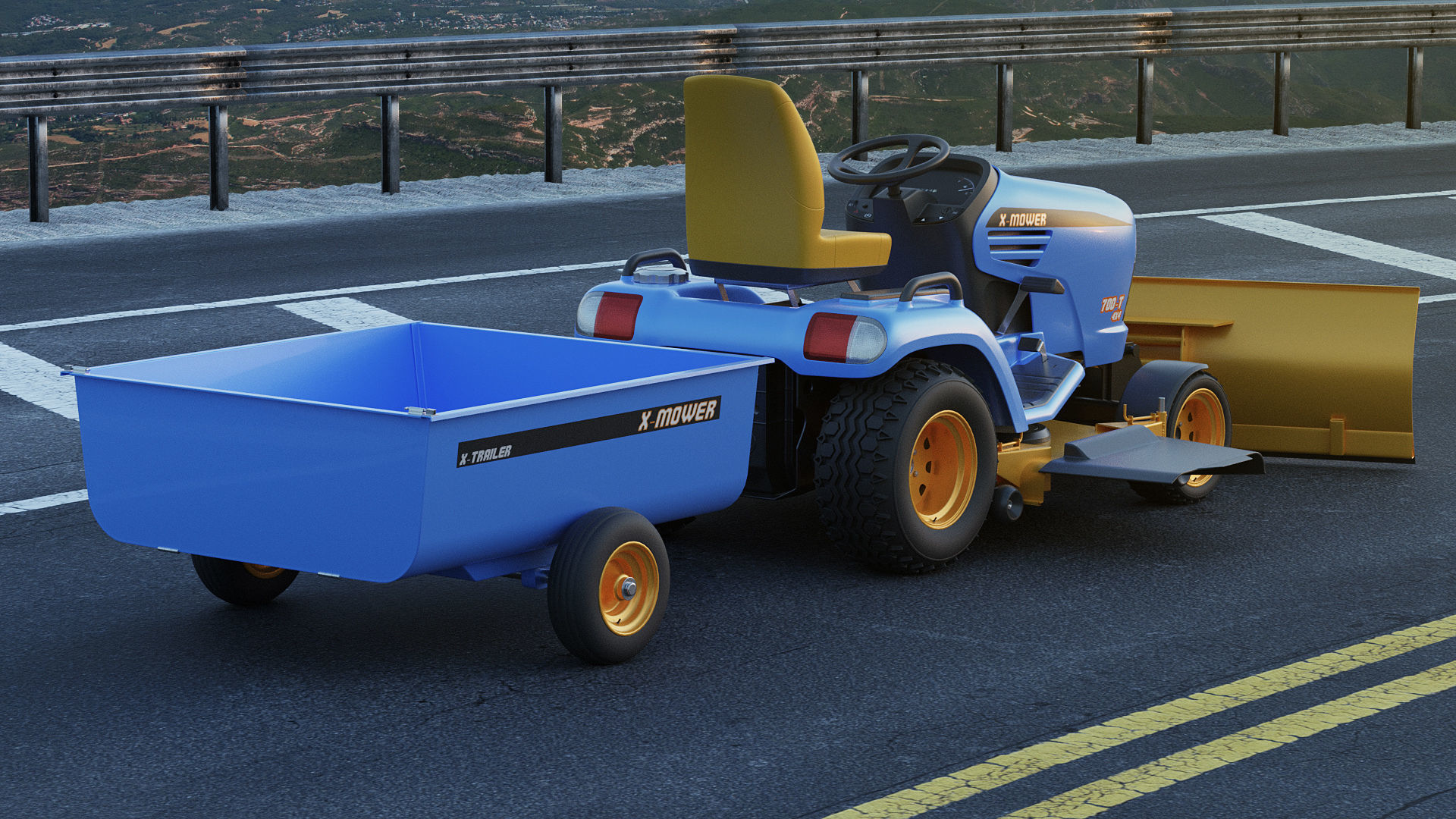 Riding Lawn Mower with trailer and snow blade 3D model_21
