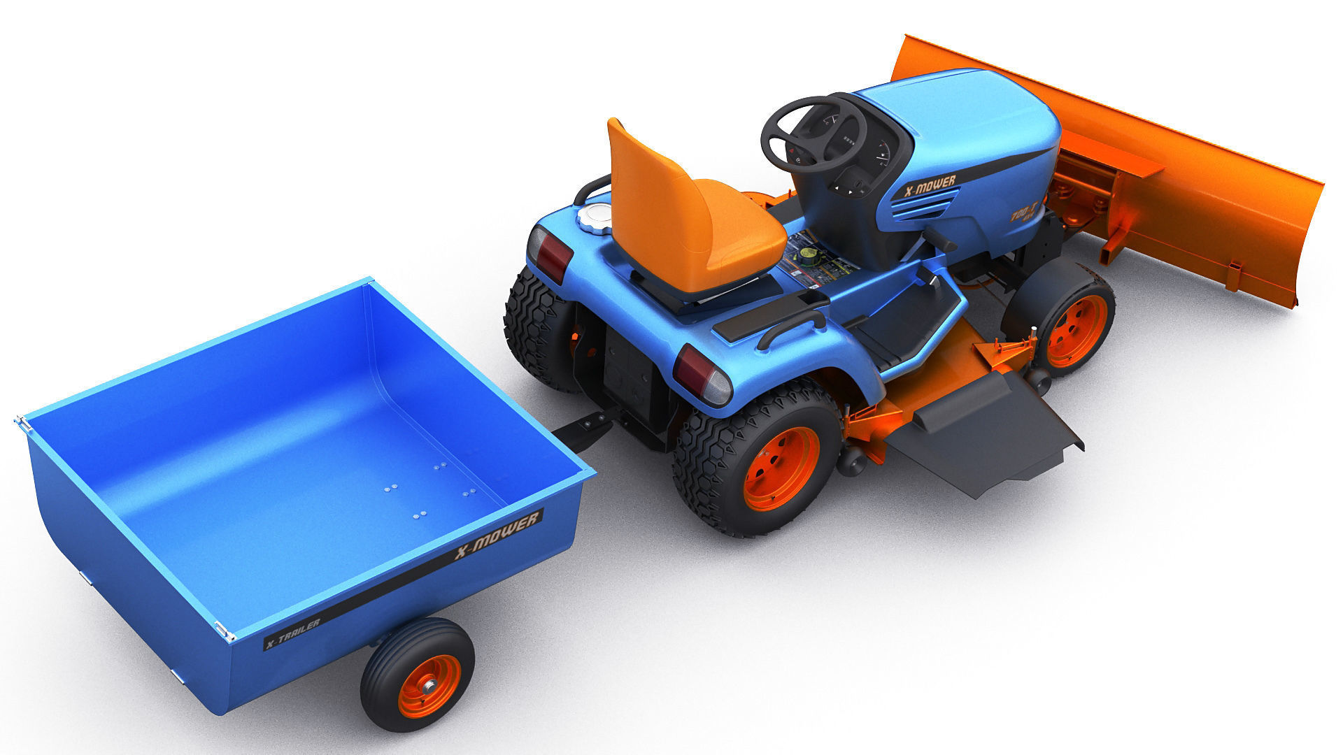 Riding Lawn Mower with trailer and snow blade 3D model_13
