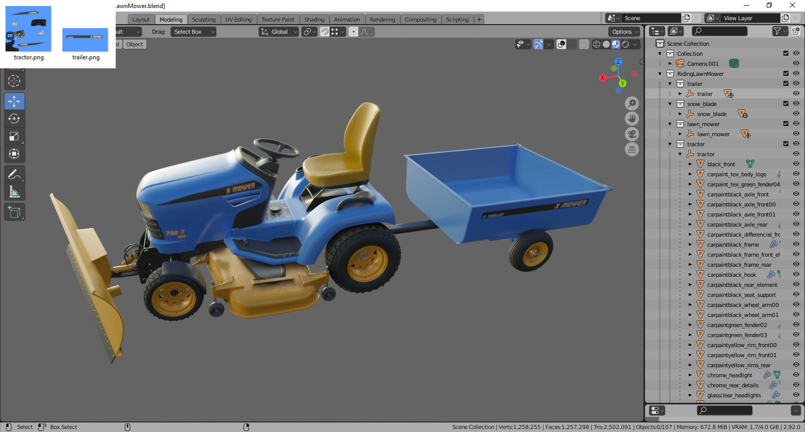 Riding Lawn Mower with trailer and snow blade 3D model_29