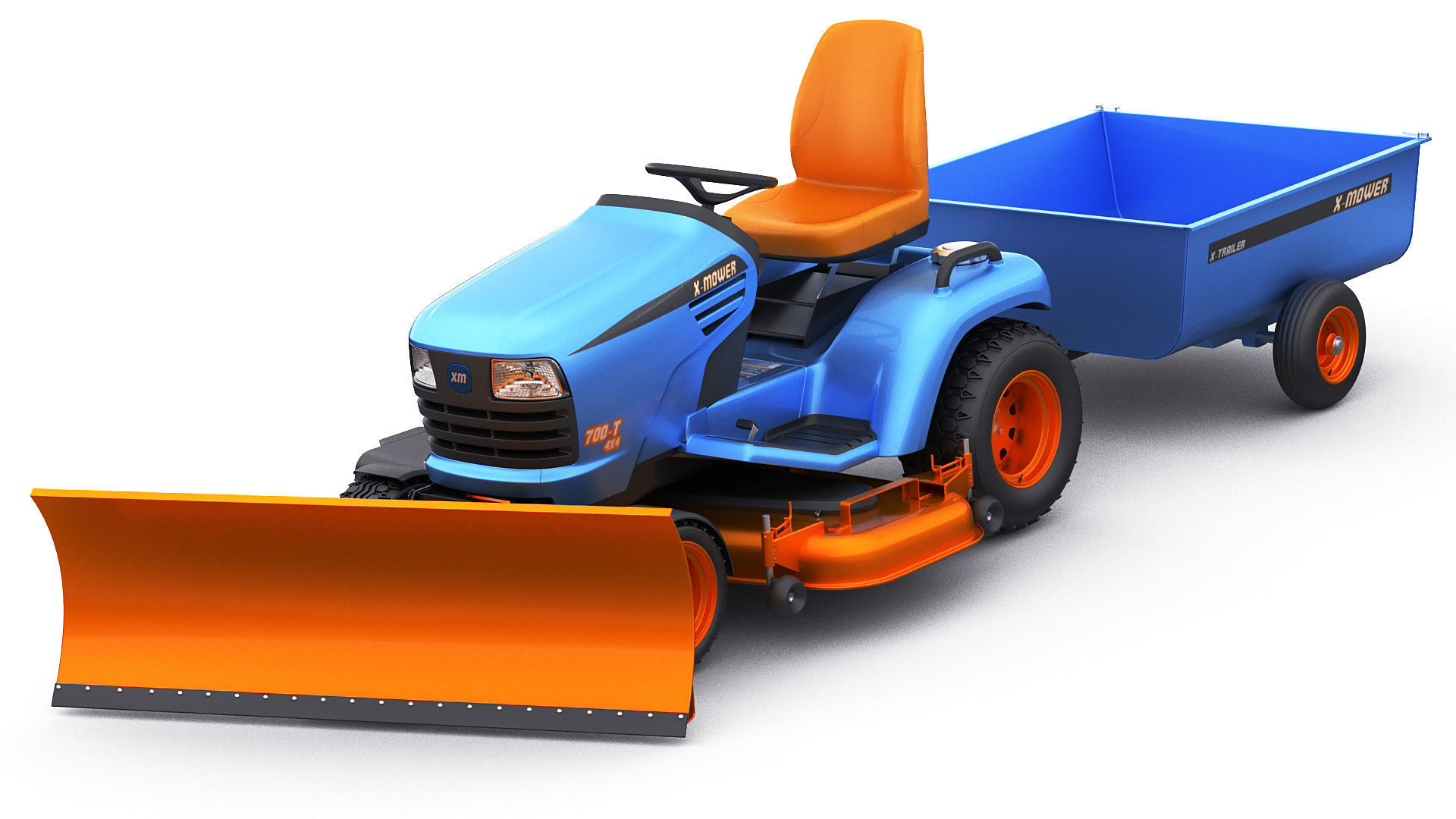 Riding Lawn Mower with trailer and snow blade 3D model_1