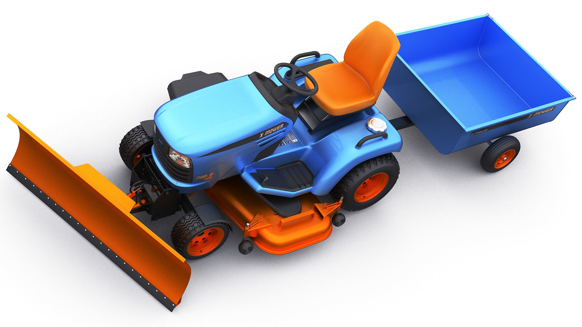 Riding Lawn Mower with trailer and snow blade 3D model_12