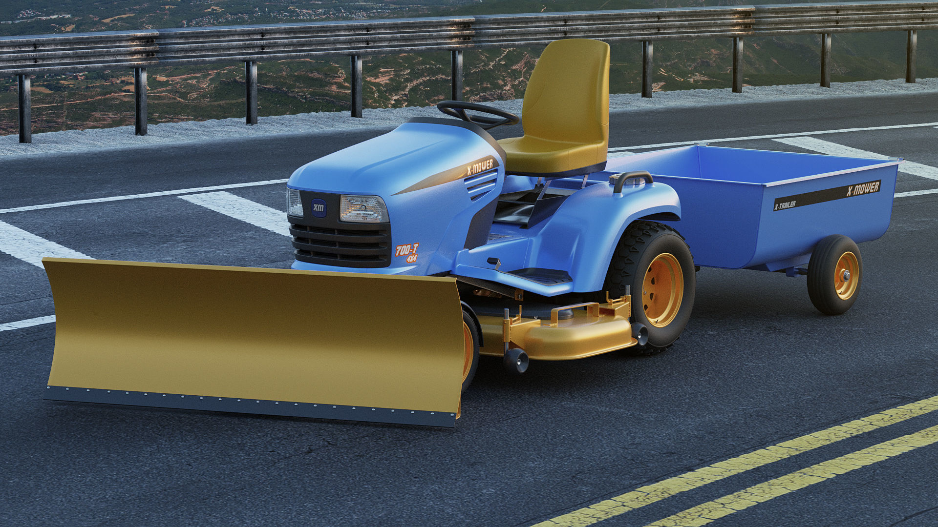 Riding Lawn Mower with trailer and snow blade 3D model_20