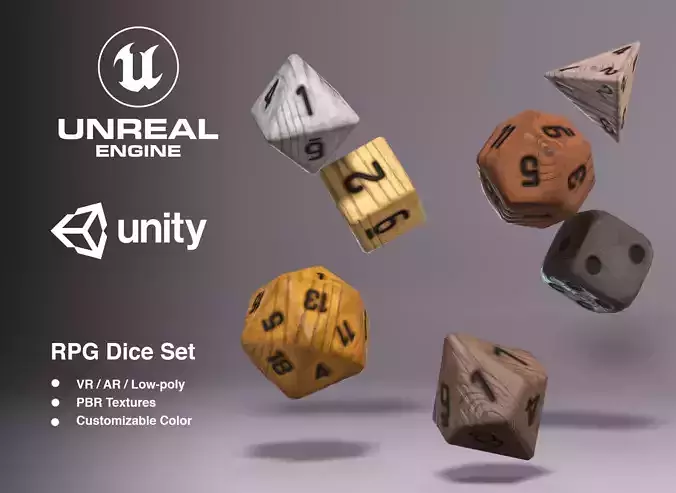 Wooden RPG Dice Set Low-poly 3D model