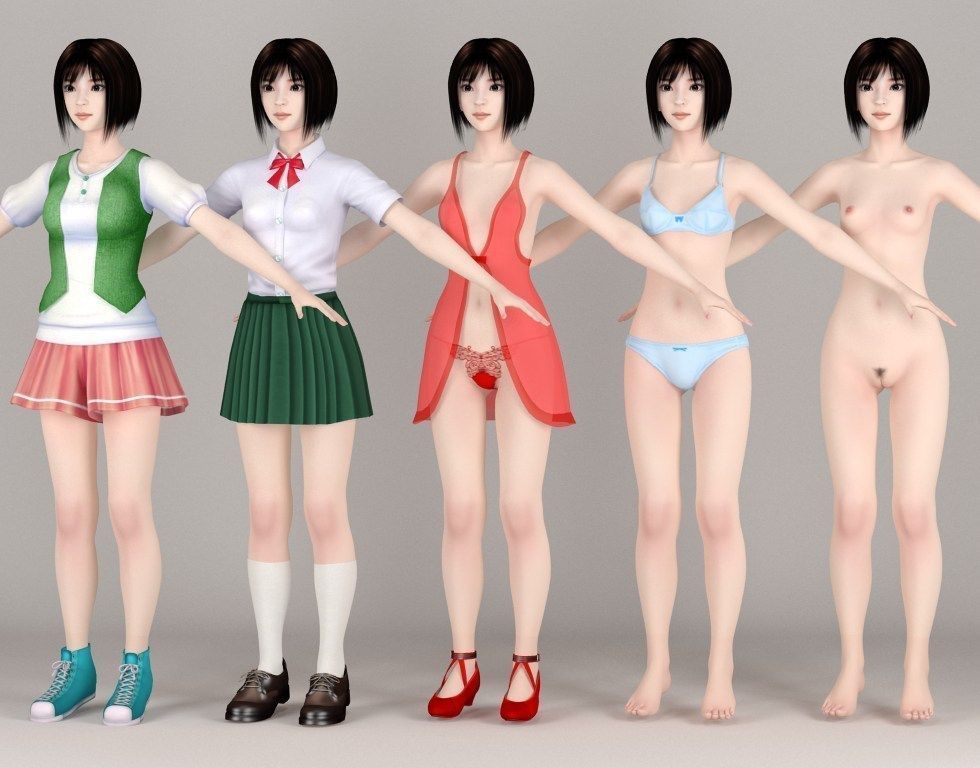 T pose rigged model of Satomi with various outfit 3D model_5