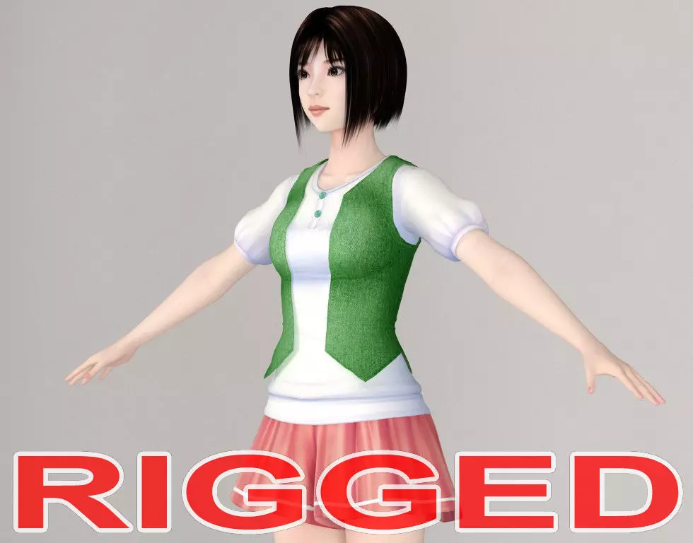 T pose rigged model of Satomi with various outfit 3D model_0