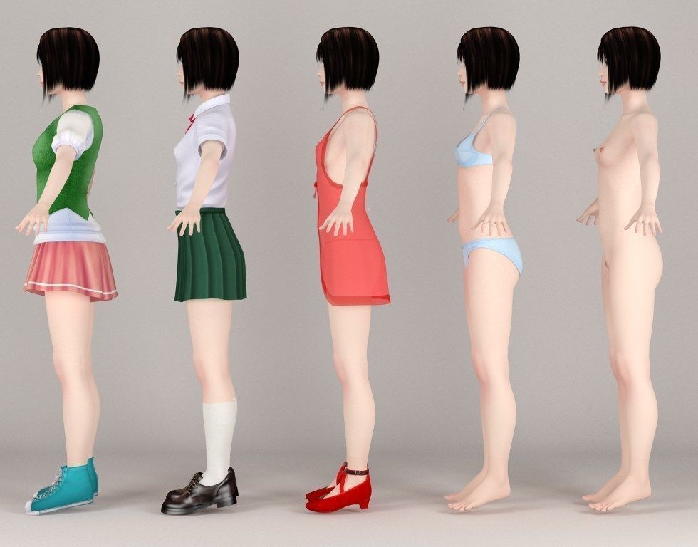 T pose rigged model of Satomi with various outfit 3D model_8