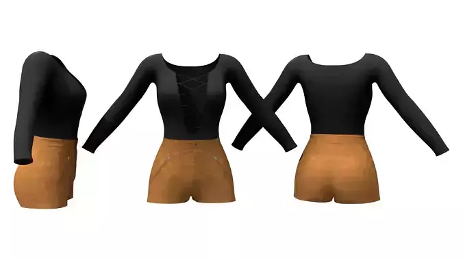 Suede Shorts Lace Chest Top Outfit Low-poly 3D model