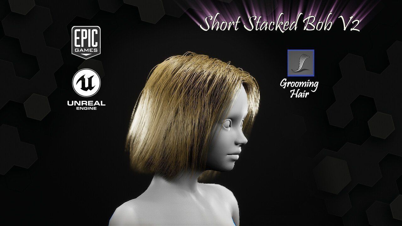 Short Stacked Bob V2 Hairstyle Groom For UE4 Low-poly 3D model_5