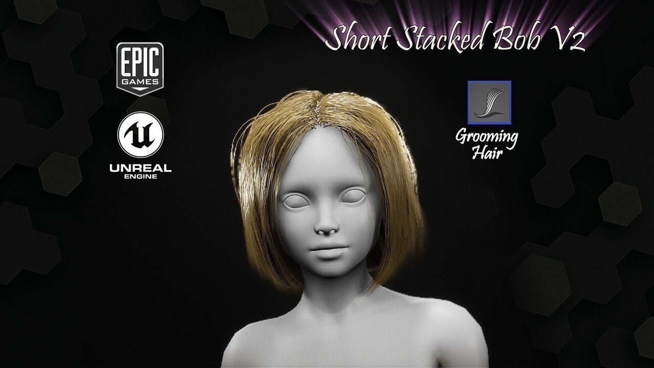 Short Stacked Bob V2 Hairstyle Groom For UE4 Low-poly 3D model_6
