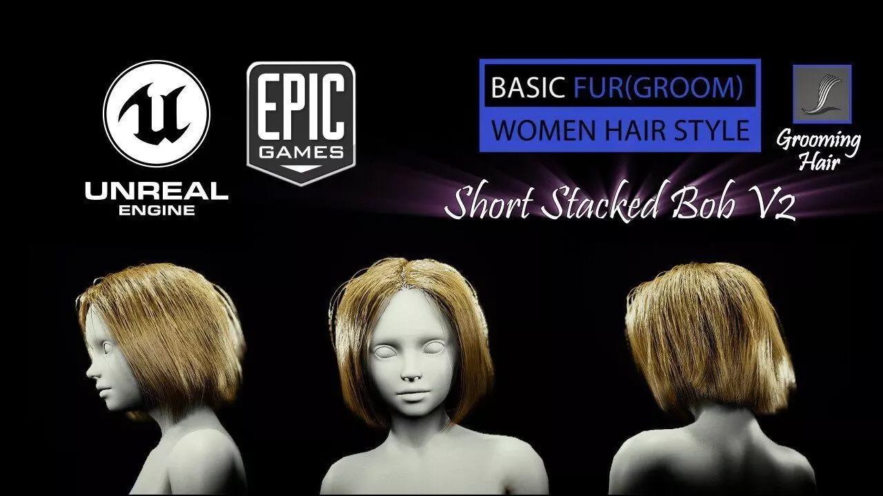 Short Stacked Bob V2 Hairstyle Groom For UE4 Low-poly 3D model_0