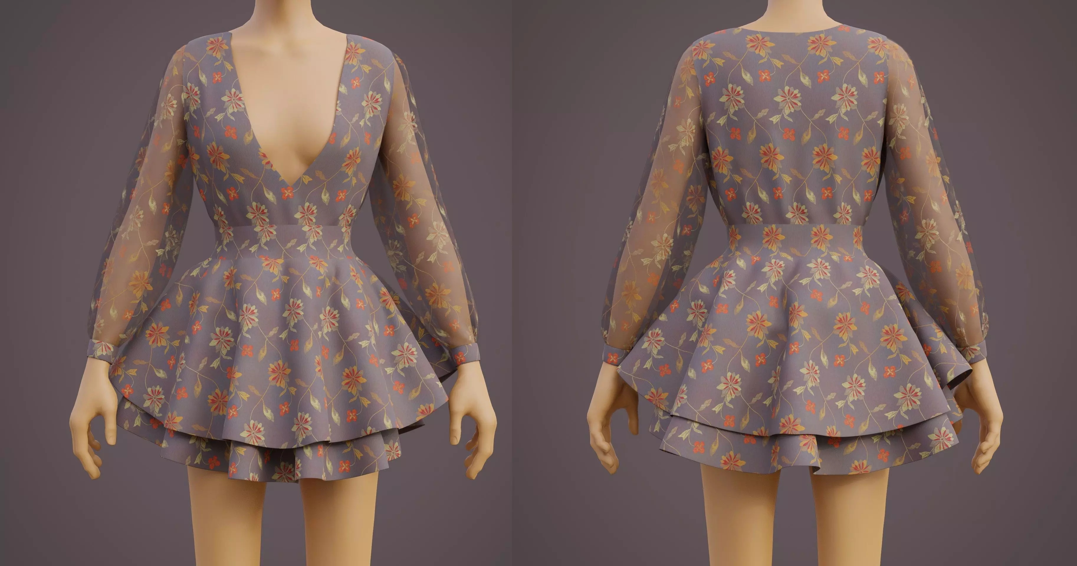 Floral Layered Circle Dress with sheer sleeves - Summer Sundress 3D model