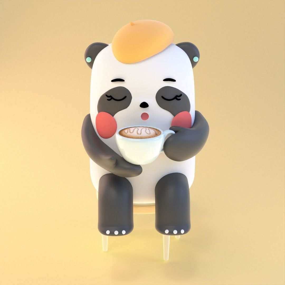 Panda on chair with cup of coffee 3D print model_3