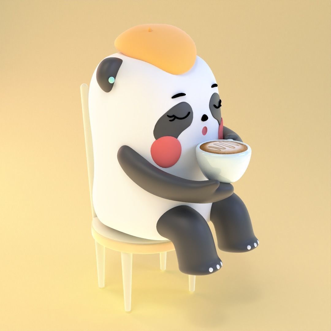 Panda on chair with cup of coffee 3D print model_2