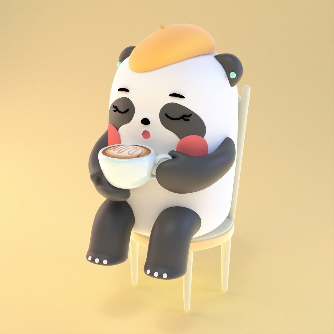 Panda on chair with cup of coffee 3D print model_1