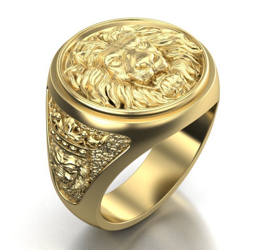 mens signet ring with lion and black onyx stone 3D print model_1