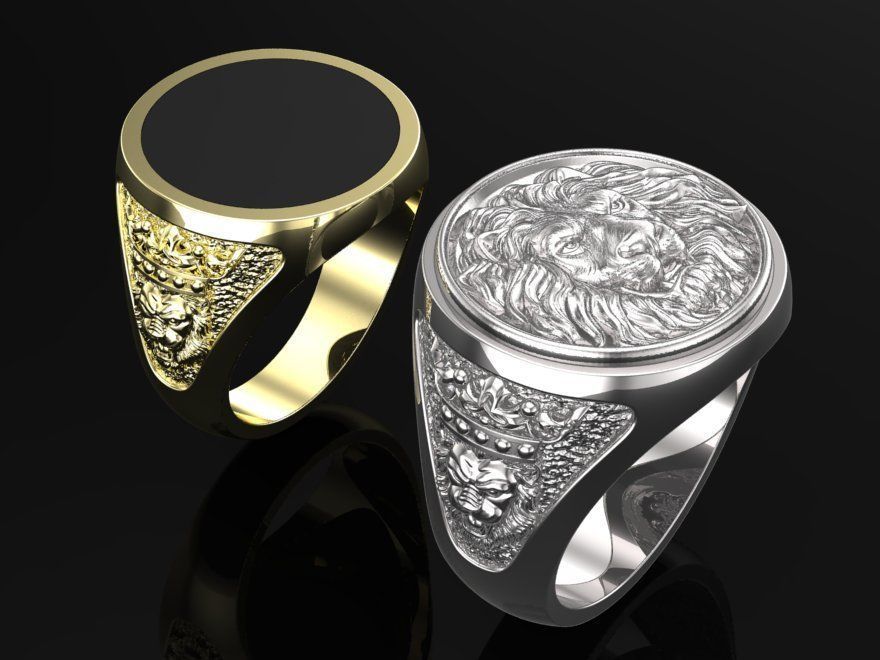 mens signet ring with lion and black onyx stone 3D print model_9