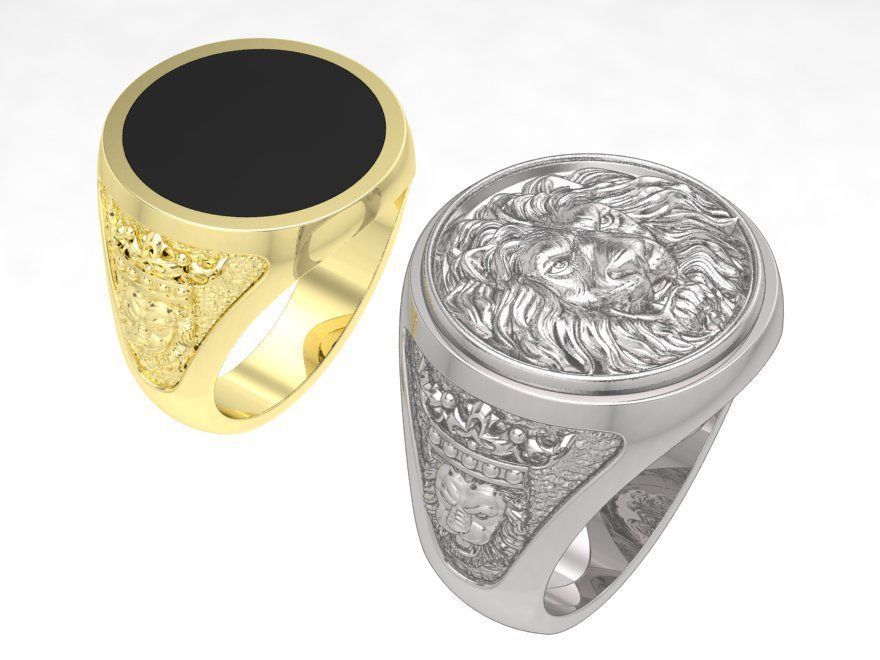 mens signet ring with lion and black onyx stone 3D print model_3