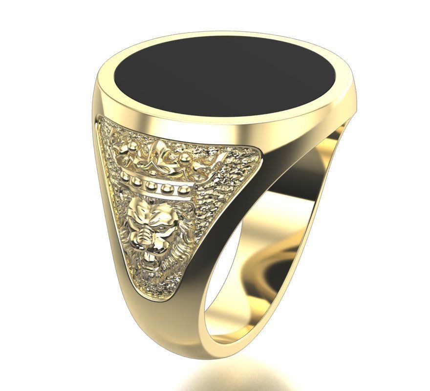mens signet ring with lion and black onyx stone 3D print model_2