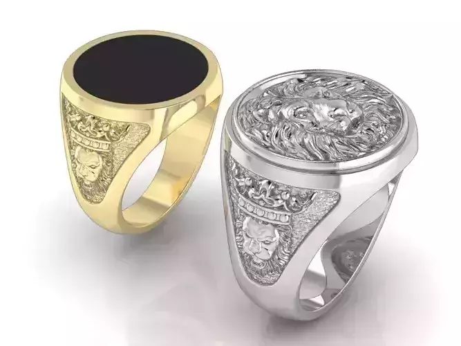 mens signet ring with lion and black onyx stone 3D print model