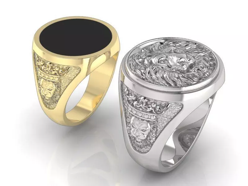 mens signet ring with lion and black onyx stone 3D print model_0