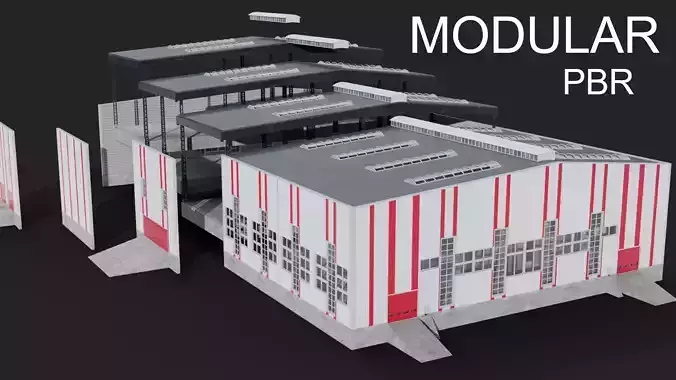 Modern factory hall warehouse Low-poly 3D model