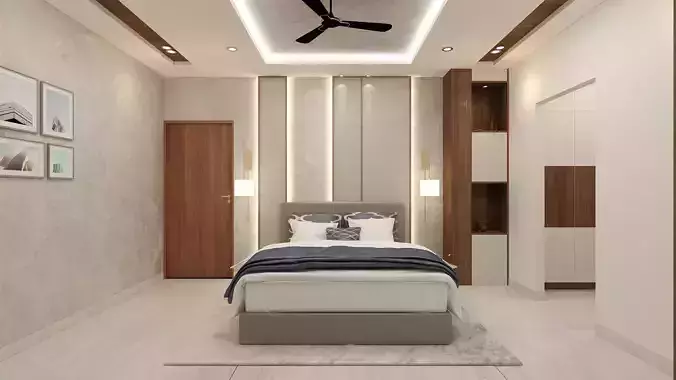 Bedroom with walls and ceiling fan