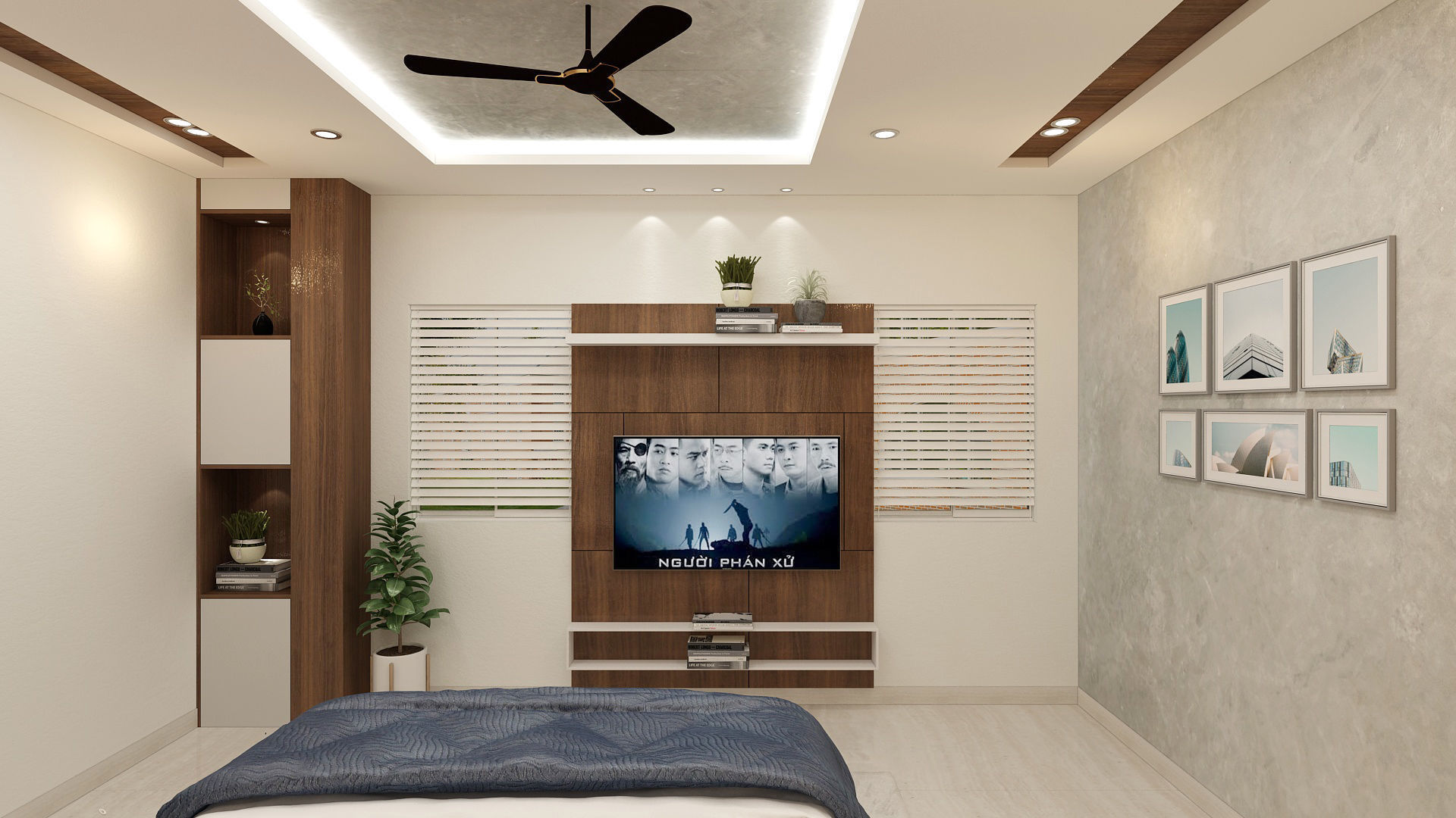 Bedroom with walls and ceiling fan 3D model_1