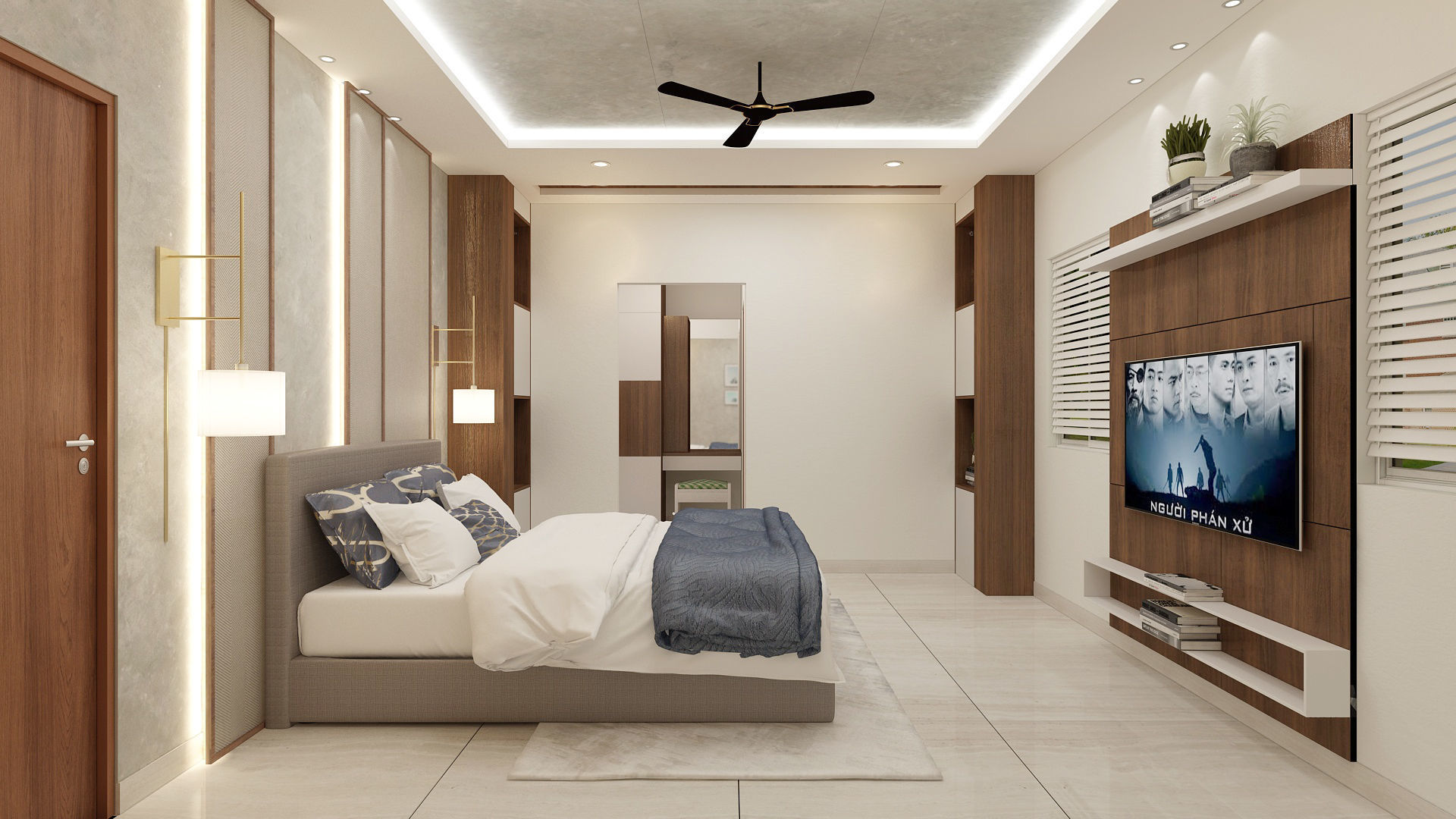 Bedroom with walls and ceiling fan 3D model_2