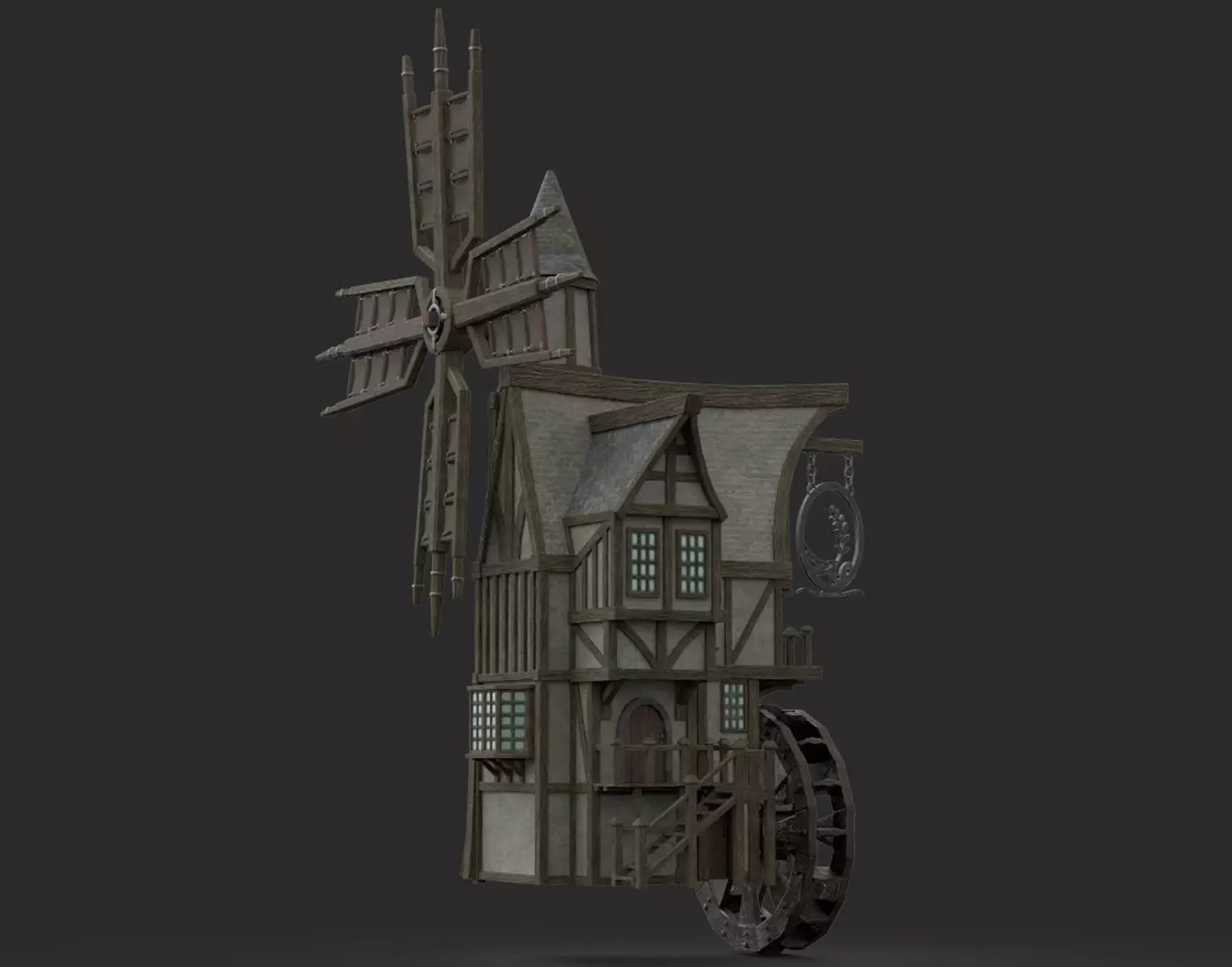 Medieval Windmill water wheel Pack Blender and Unreal Engine 5 3D model_0