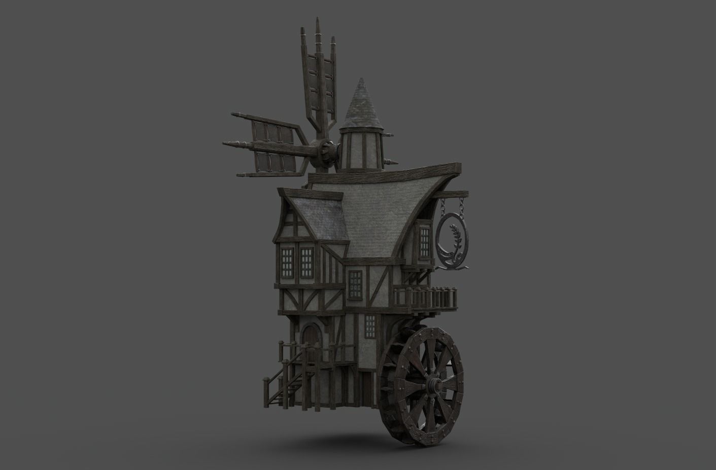 Medieval Windmill water wheel Pack Blender and Unreal Engine 5 3D model_12