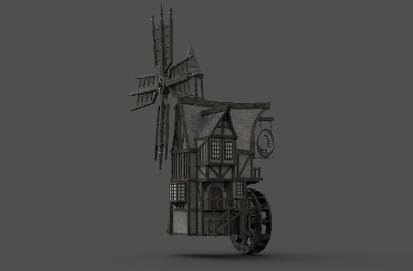 Medieval Windmill water wheel Pack Blender and Unreal Engine 5 3D model_11