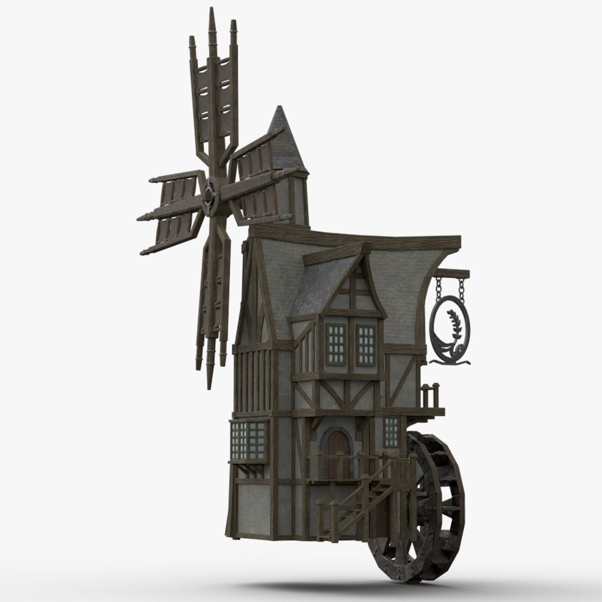 Medieval Windmill water wheel Pack Blender and Unreal Engine 5 3D model_5