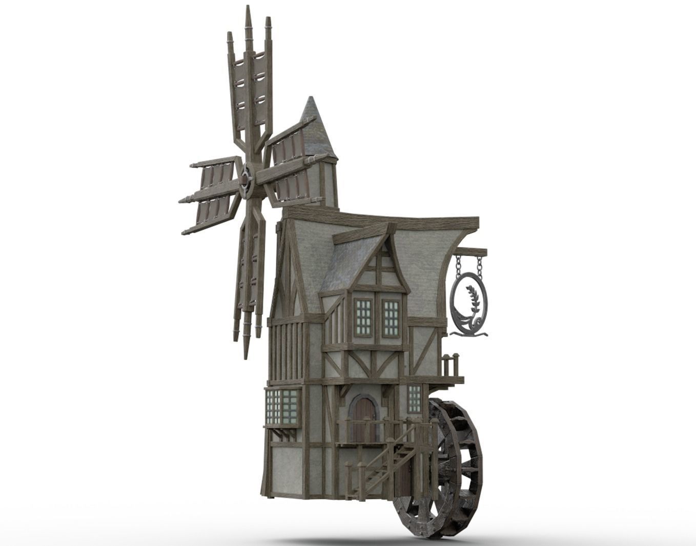 Medieval Windmill water wheel Pack Blender and Unreal Engine 5 3D model_4