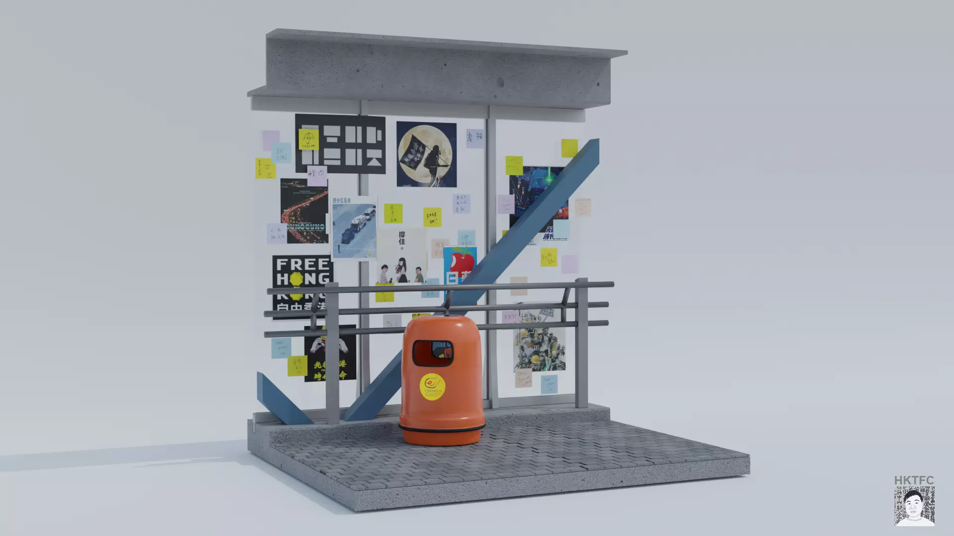 Hong Kong Culture series - Lennon Wall with rubbish bin 3D model_0