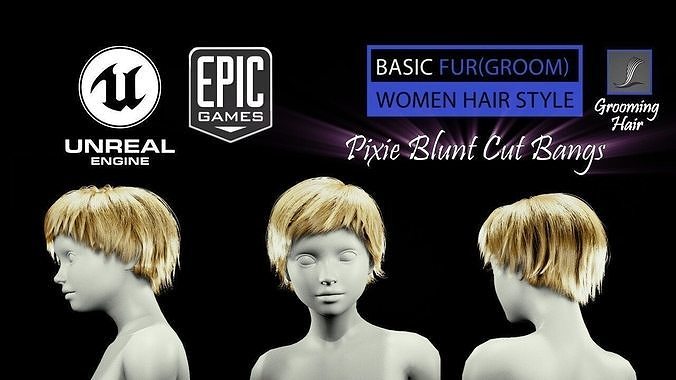 Pixie Blunt Cut Bangs Groom RealTime Hairstyle Unreal Engine 4 Low-poly 3D model