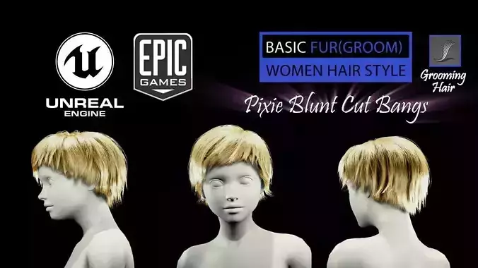Pixie Blunt Cut Bangs Groom RealTime Hairstyle Unreal Engine 4 Low-poly 3D model