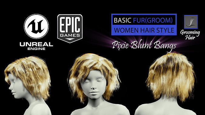 Pixie Blunt Bangs Groom Real-Time Hairstyle Unreal Engine 4  Low-poly 3D model