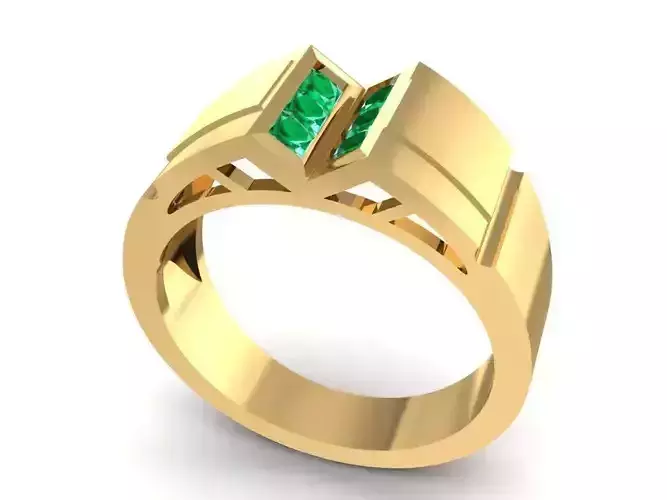 Gold Men Ring with Baguette and Emerald Gemstones 1570