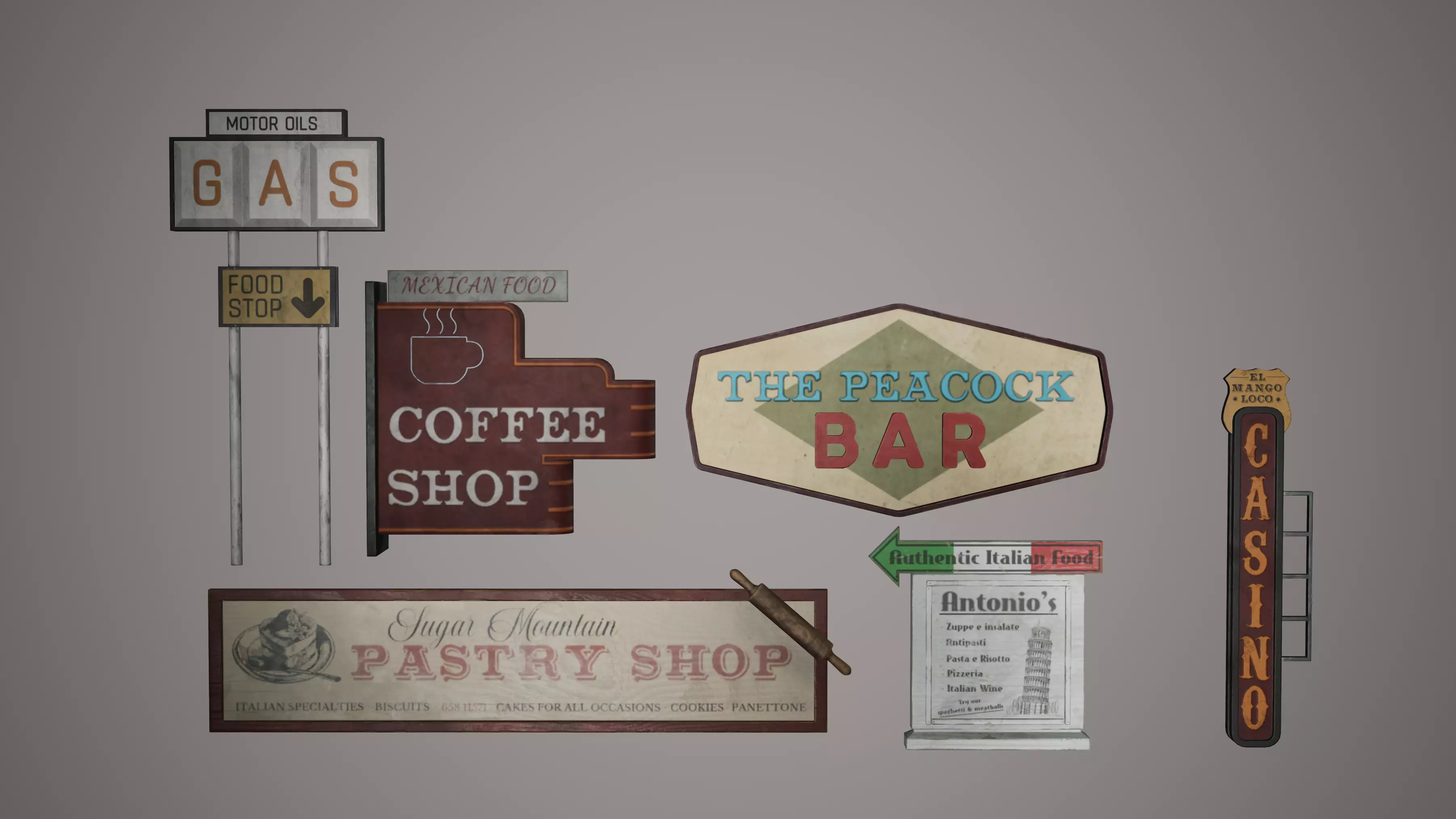 Billboard Set Low Poly Game Ready italian restaurant sign Low-poly 3D model_0