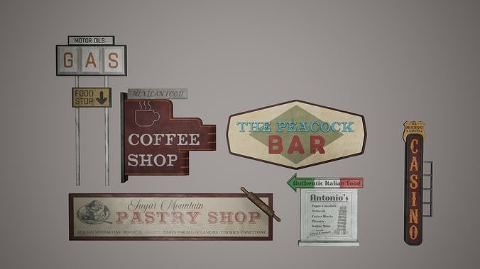 Billboard Set Low Poly Game Ready italian restaurant sign Low-poly 3D model
