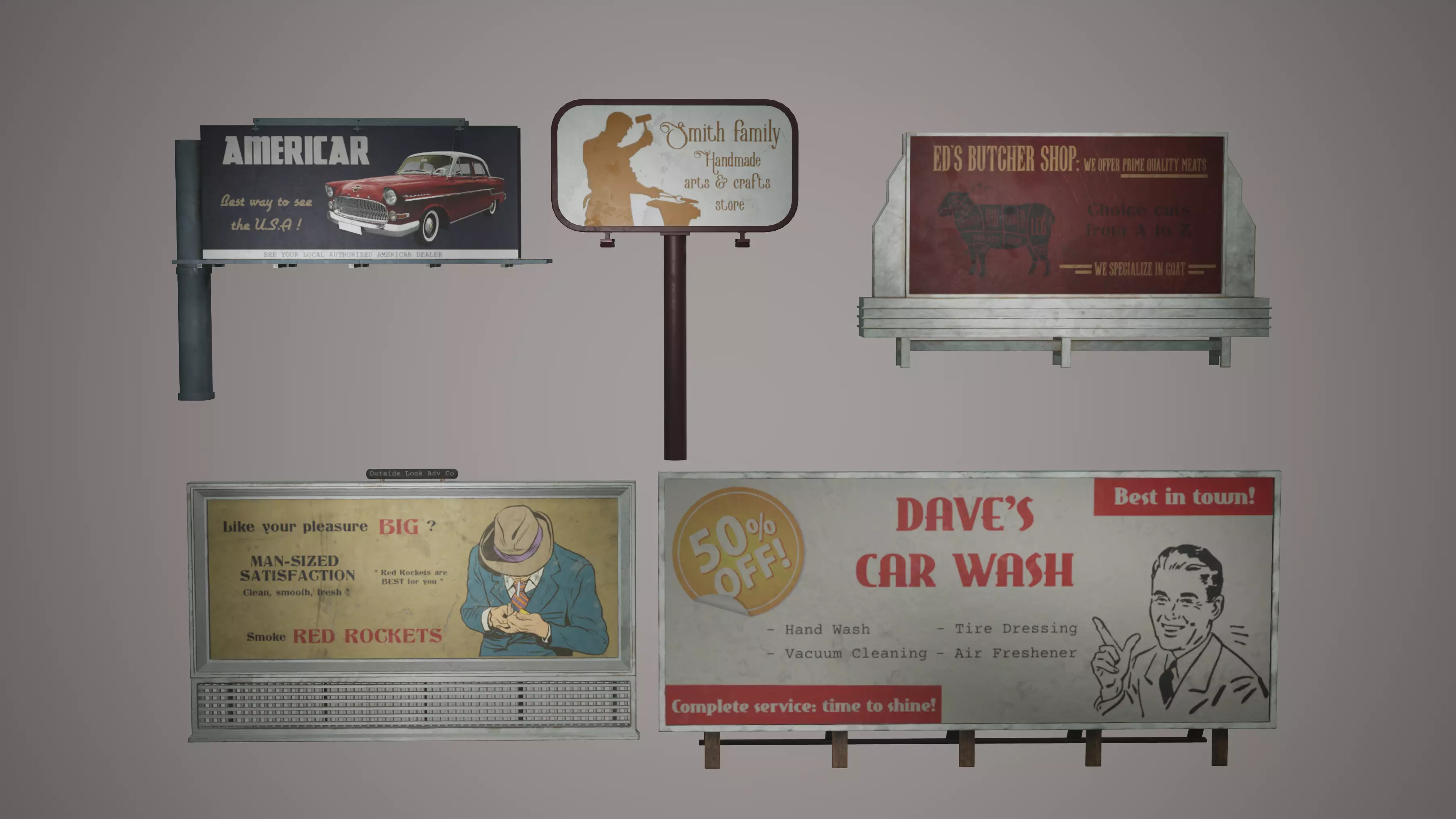 Billboard Set Low Poly Game Ready american car advertising Low-poly 3D model_0