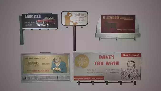 Billboard Set Low Poly Game Ready american car advertising Low-poly 3D model Billboard Set Low Poly Game Ready american car advertising Low-poly 3D model