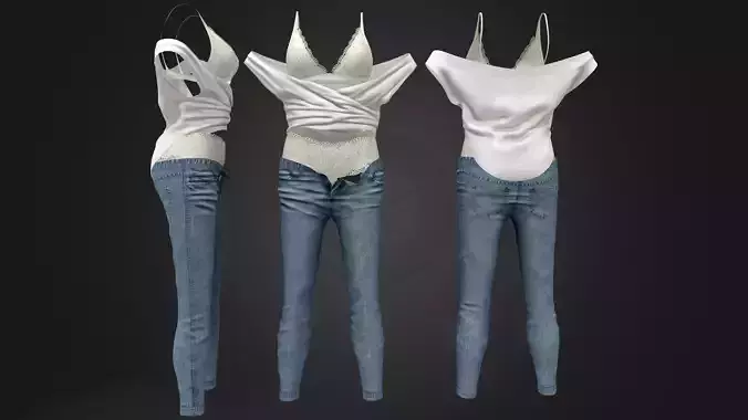 Rolled Down Jeans With Panties Under Outfit Low-poly 3D model