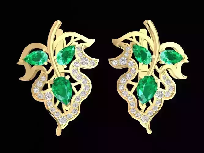 Women Leaf Earrings with Green Gemstones and Diamonds 1366