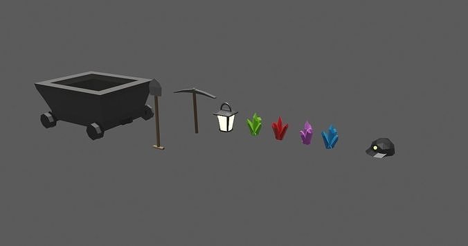Mine tools and crystals Low-poly 3D model